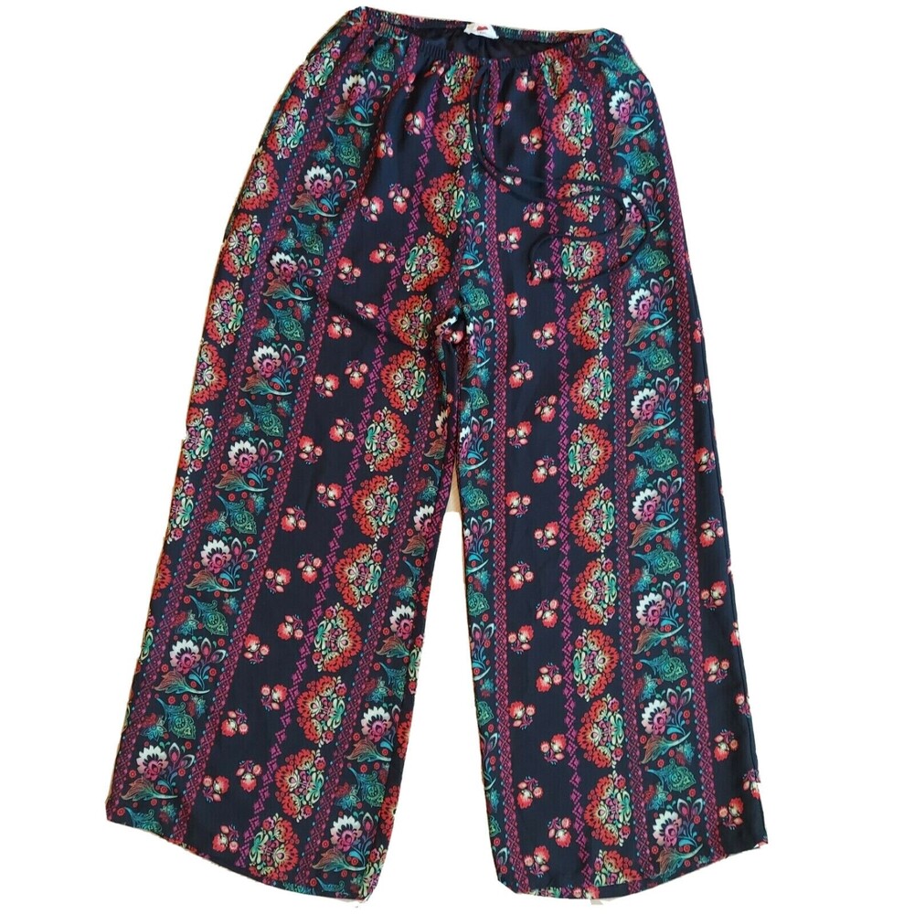 One Clothing Crop Pants Small Chiffon Boho Colorful Wide Leg Capri